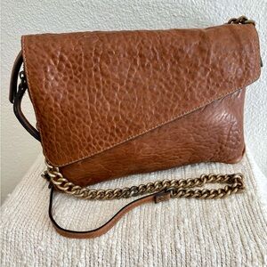 Cognac Brown Textured Leather Crossbody Bag with Chain Strap